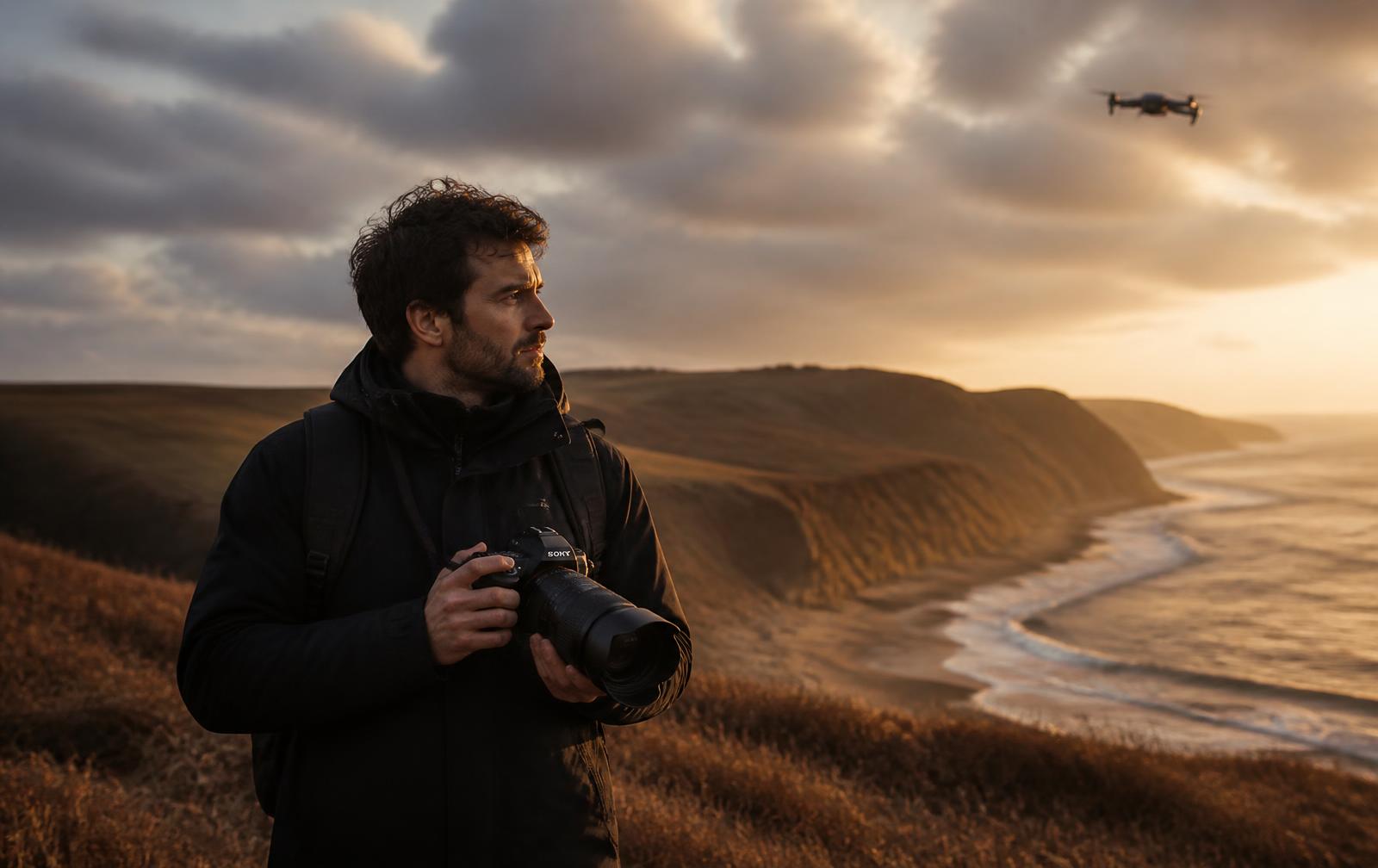 Professionel fotograf med kamera og drone på den danske kyst i den gyldne time